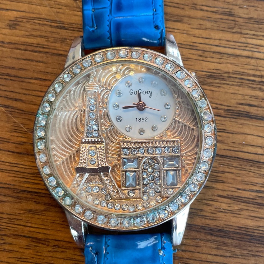 Glittery Paris Blue and Gold Statement Watch with Rhinestones